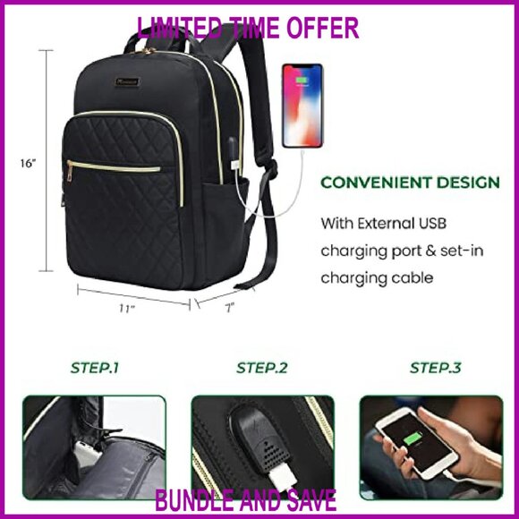 15.6 Inch Laptop Backpack with USB Charging Port, Quilted Work Travel Purse - Picture 6 of 7
